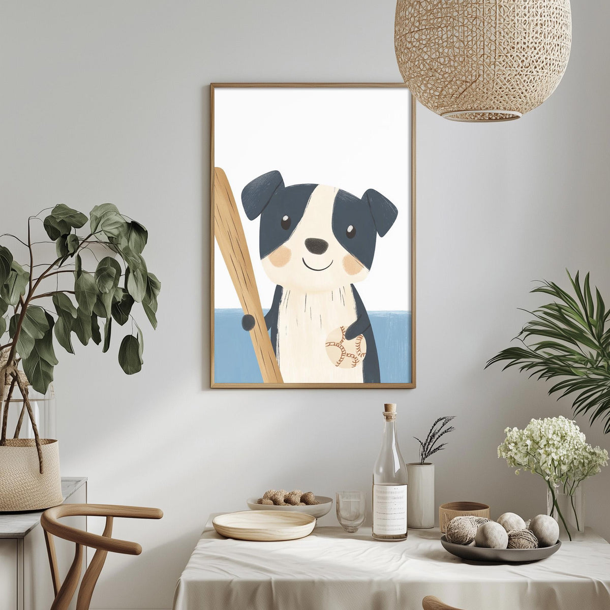 a framed picture of a dog holding a stick, hanging on a wall above a dining table with various decorative items and plants.