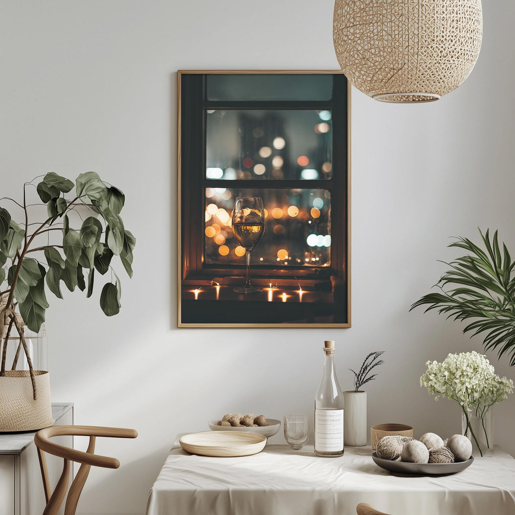 a cozy dining area with a table set for a meal, featuring a wine glass, candles, and various decorative elements such as potted plants and vases.