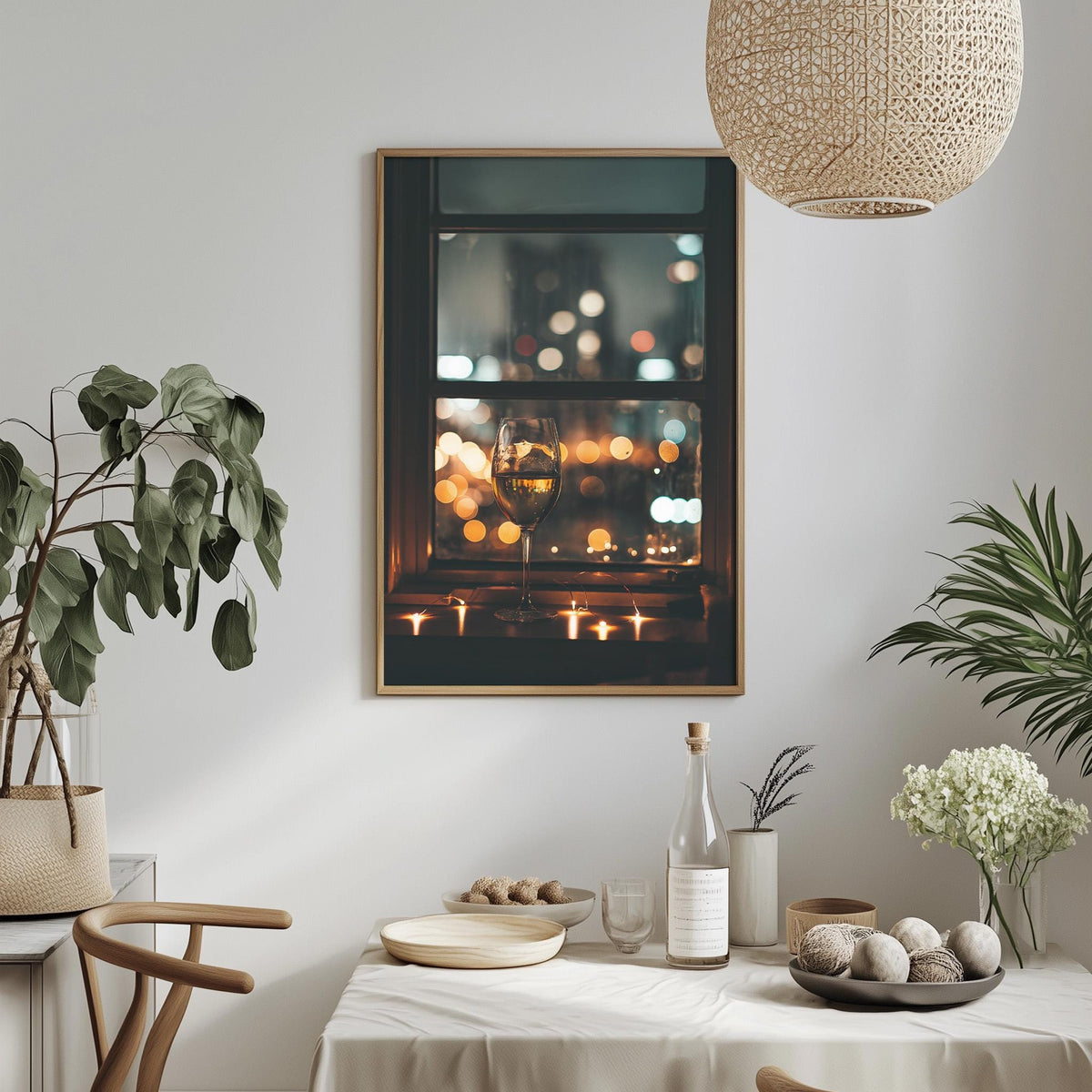 a cozy dining area with a table set for a meal, featuring a wine glass, candles, and various decorative elements such as potted plants and vases.