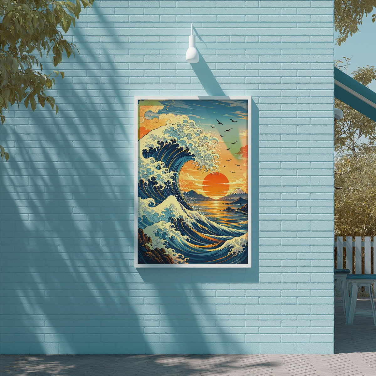 a large, colorful painting of a wave crashing against a sunset, hanging on a blue brick wall.