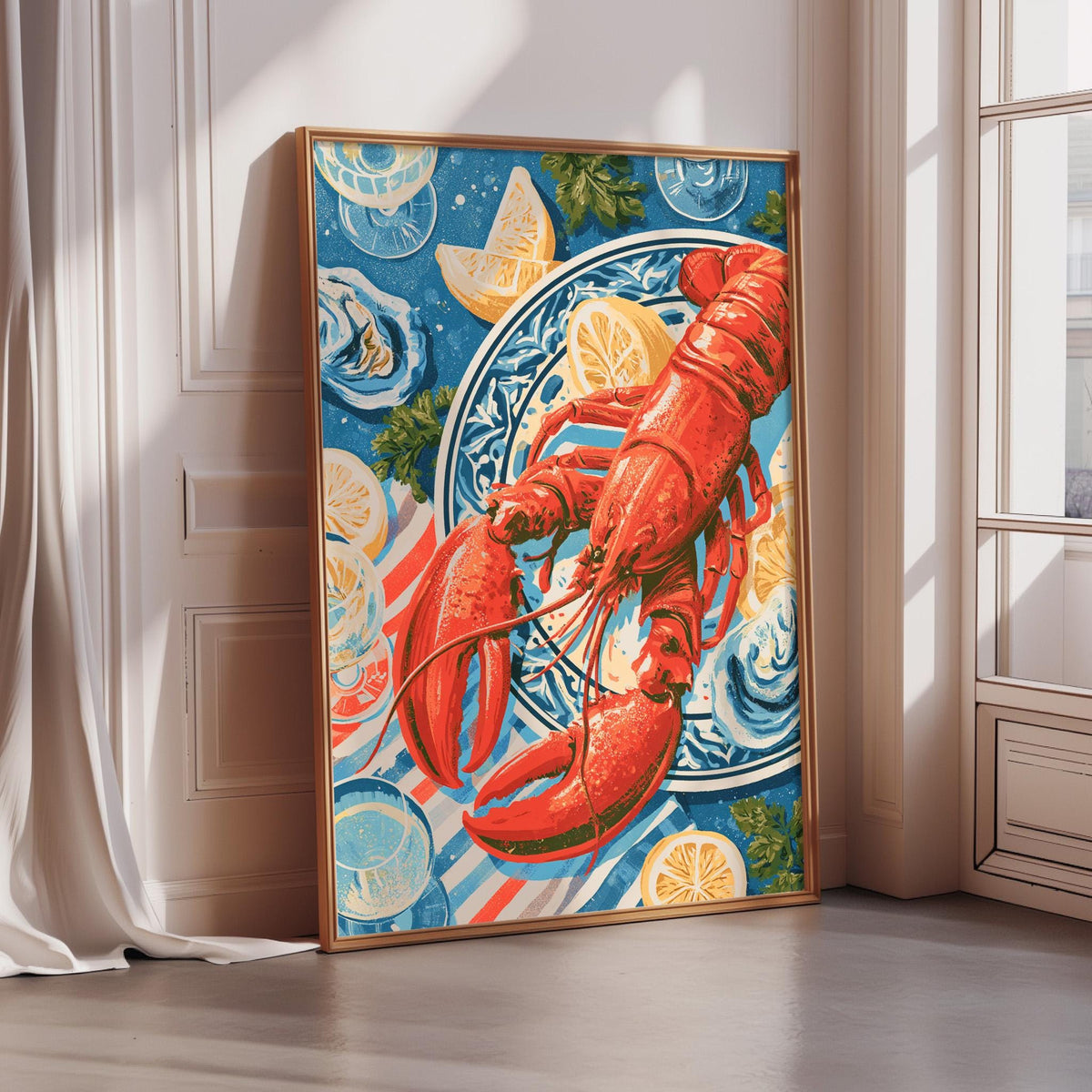 a large framed painting of a lobster, with various seafood elements such as oysters, lemons, and other marine life surrounding it.