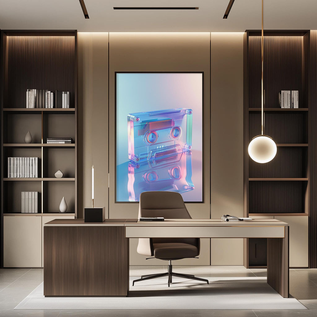 a modern and stylish office space with a large abstract painting on the wall, a wooden desk with a chair, and built-in bookshelves.