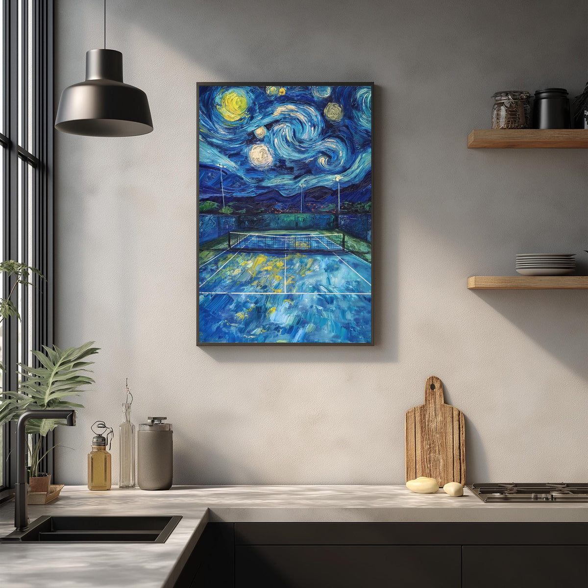 a kitchen counter with various kitchen items, including a cutting board, a bottle, and a vase. Above the counter, there is a framed painting depicting a tennis court with a starry night sky in the background.