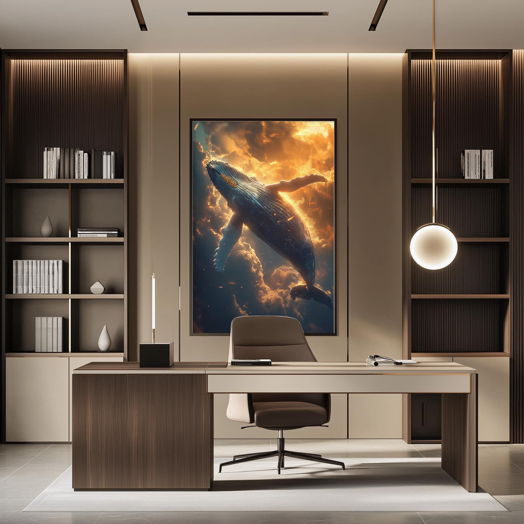 a modern office space with a large framed artwork of a whale swimming in the ocean on the wall. The office has a wooden desk, a chair, and a bookshelf filled with books. The overall design and decor create a serene and professional atmosphere.