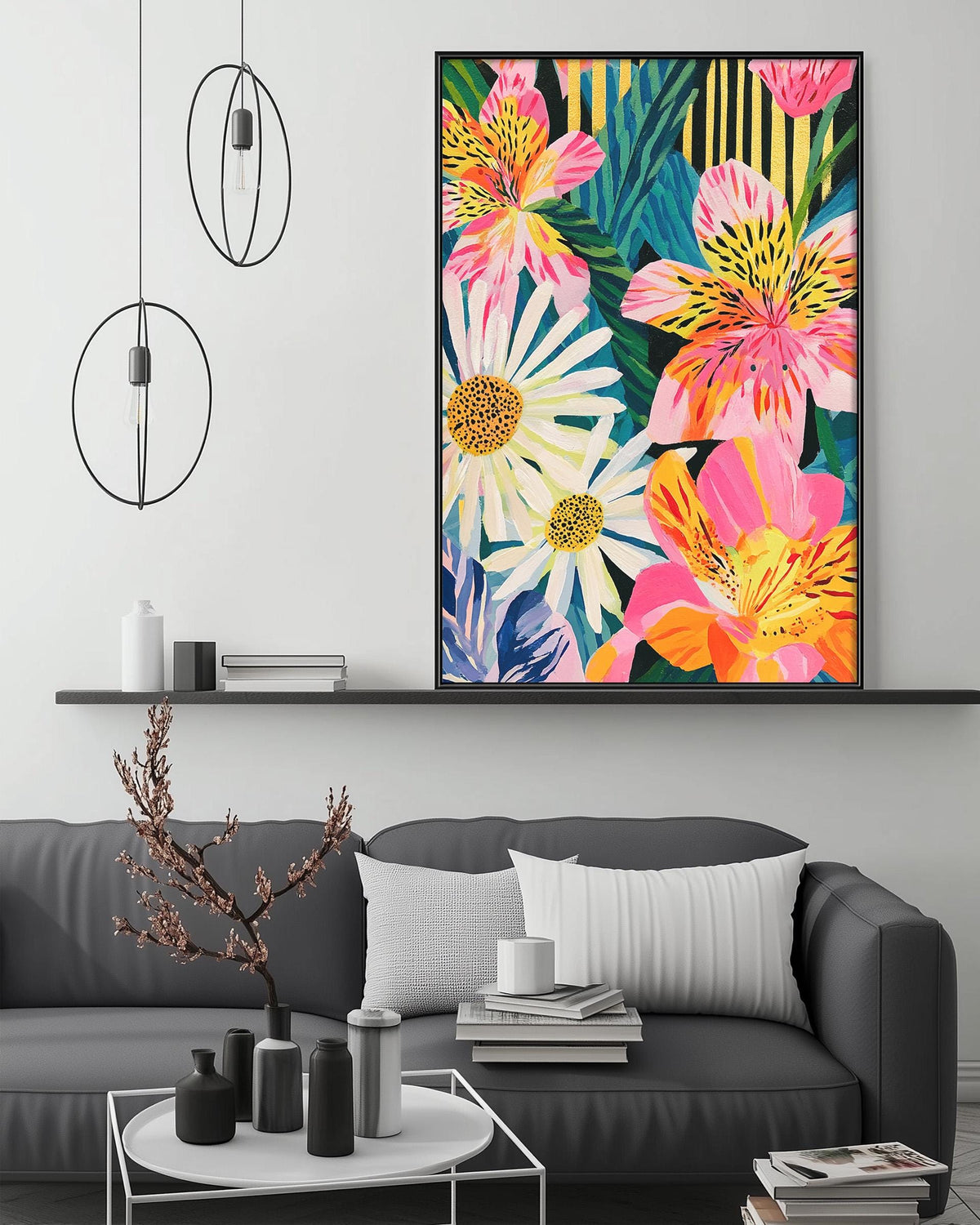 a modern living room with a gray sofa, a coffee table, and a large framed print of a colorful floral design hanging on the wall above the sofa.