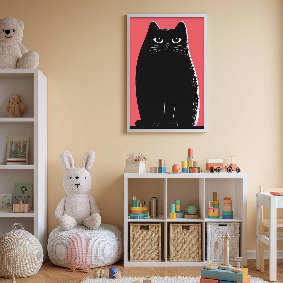 A child's bedroom with a white bookshelf, a stuffed rabbit, a stuffed cat, and a colorful toy box filled with toys. A framed picture of a black cat is hanging on the wall above the toy box.