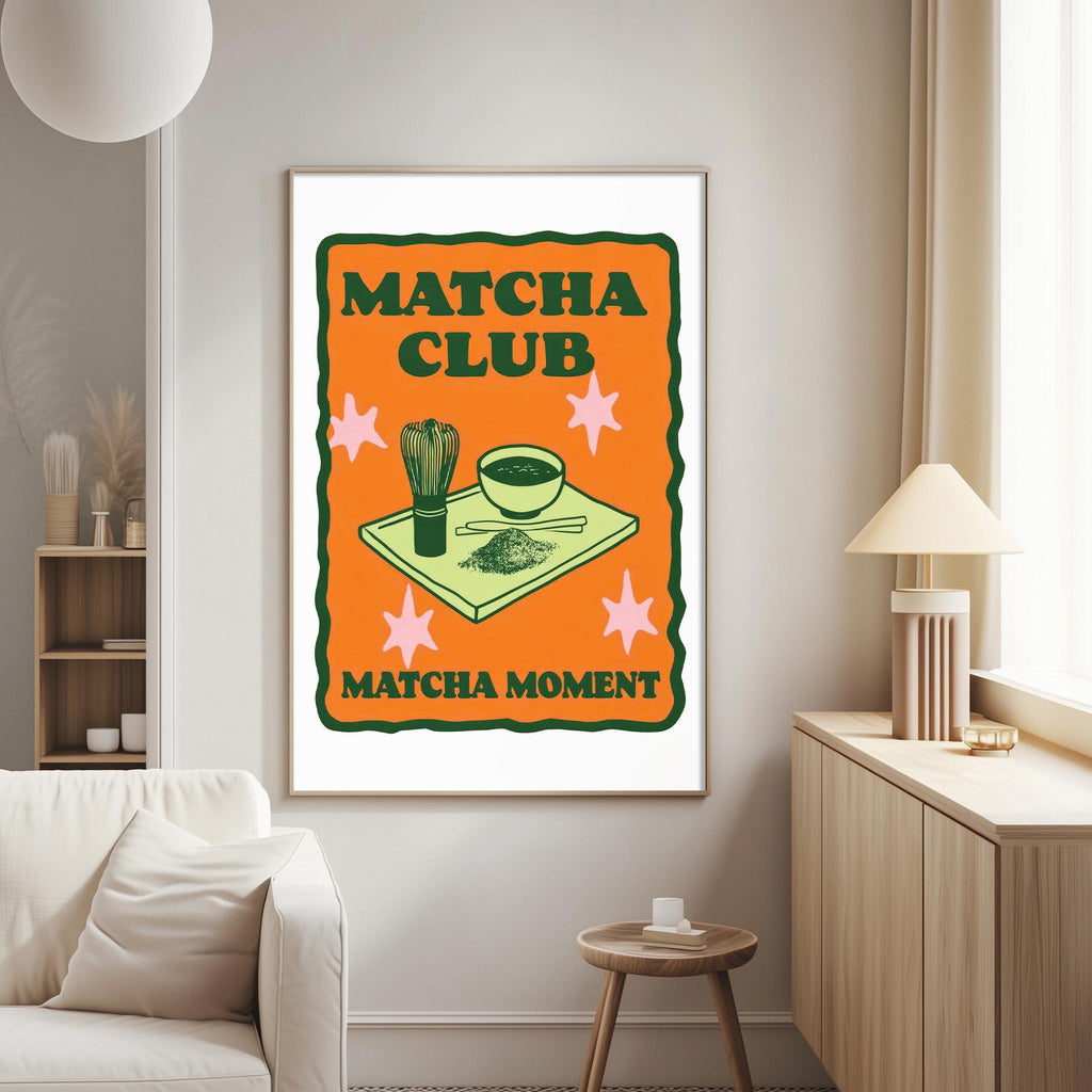 a poster with the text "MATCHA CLUB MATCHA MOMENT" and an illustration of a matcha cup and a bowl on a table.