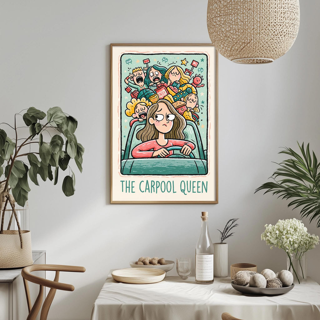 a framed illustration of a woman driving a car, surrounded by various cartoon characters, with the text "THE CARPOOL QUEEN" below the illustration.