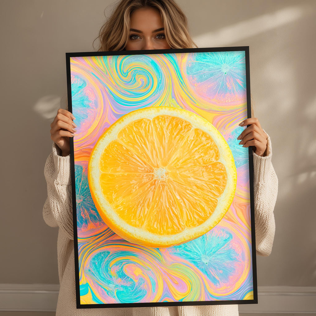 A woman holds up a framed image of a vibrant, swirling orange slice, with the colors and patterns of the image creating a visually striking and dynamic display.