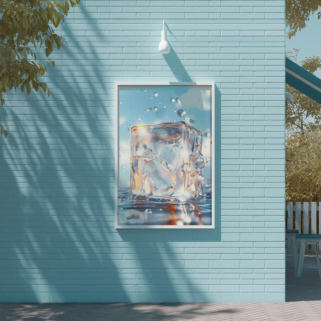 a blue brick wall with a framed picture of a water droplet on it, creating a visually striking and artistic composition.