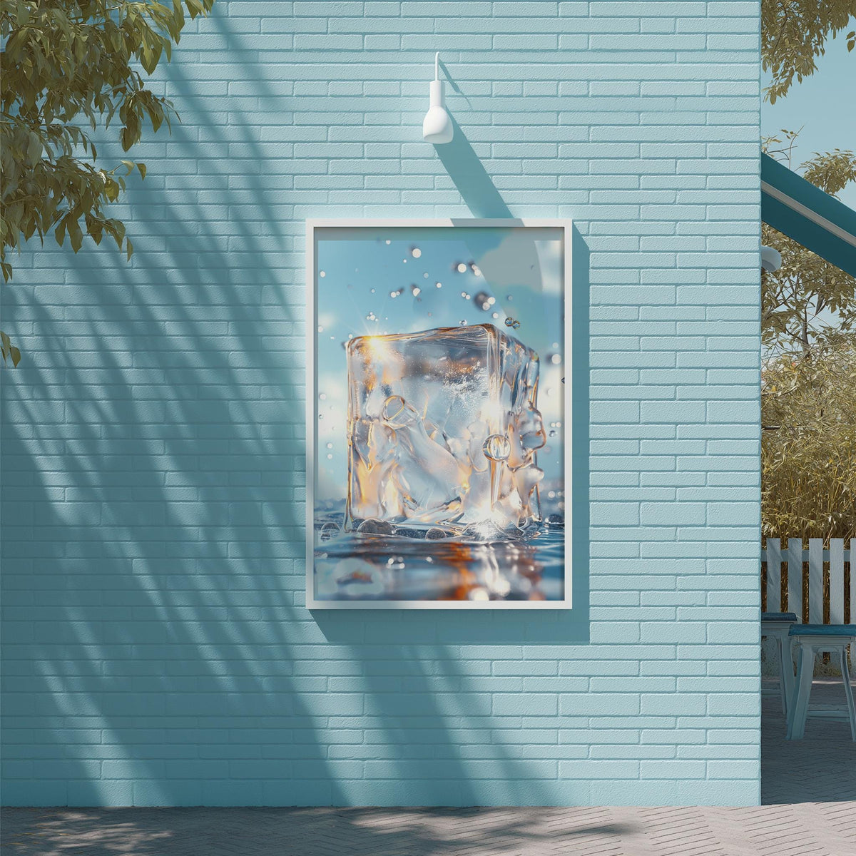 a blue brick wall with a framed picture of a water droplet on it, creating a visually striking and artistic composition.