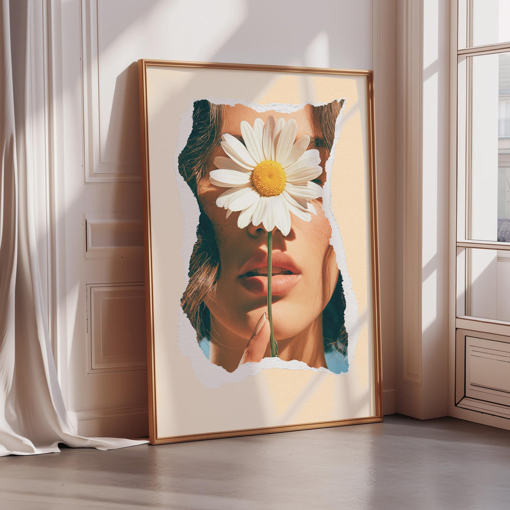 a framed photograph of a woman's face with a large white flower covering her eyes.