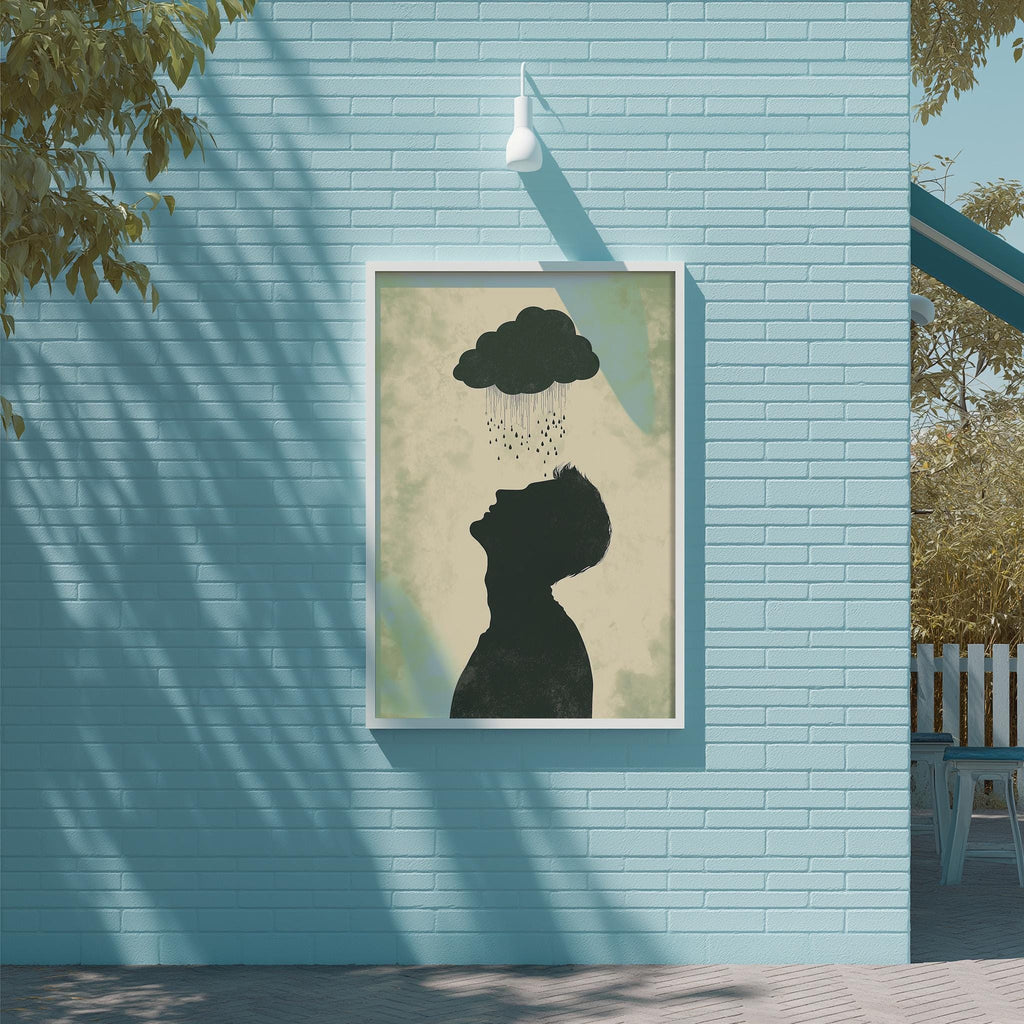 a blue brick wall with a framed artwork depicting a silhouette of a person looking up at a cloud of rain.