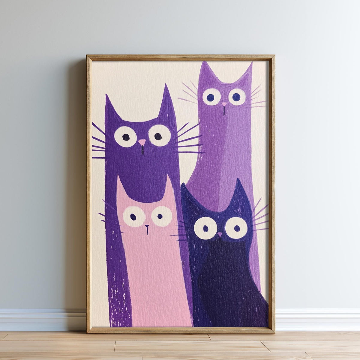A framed illustration of four cats with large eyes and distinct colors - purple, pink, and black - standing together.