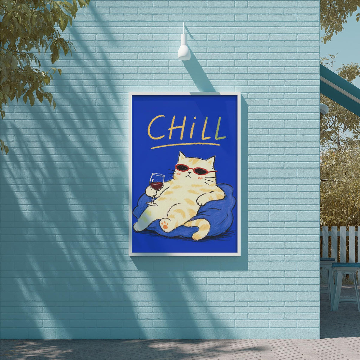 A poster with a cat wearing sunglasses and holding a glass of wine, with the word "CHILL" written on it, is displayed on a blue wall.