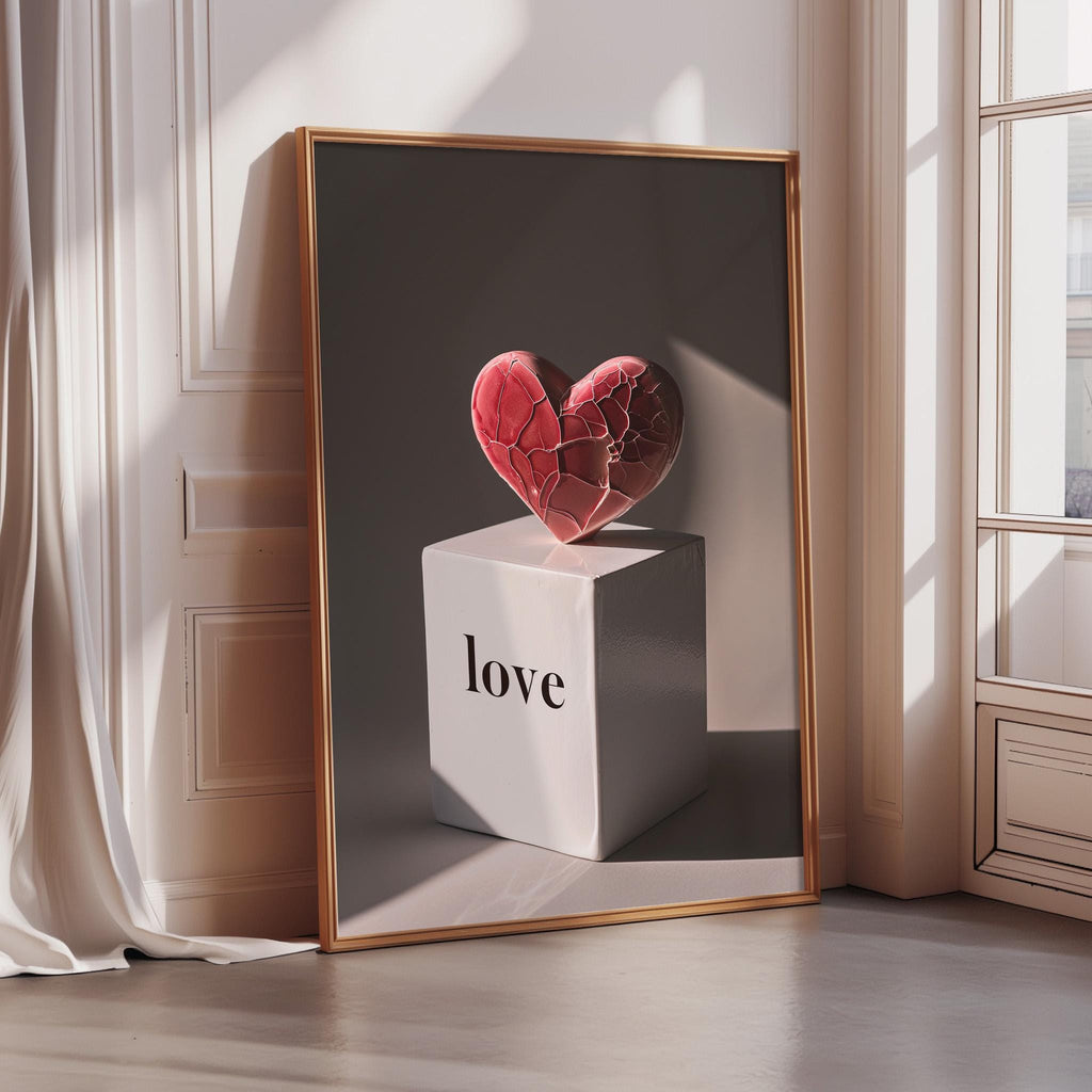 A framed image of a red heart-shaped object on a white block with the word "love" written on it, placed on a wooden floor in a room with a window.