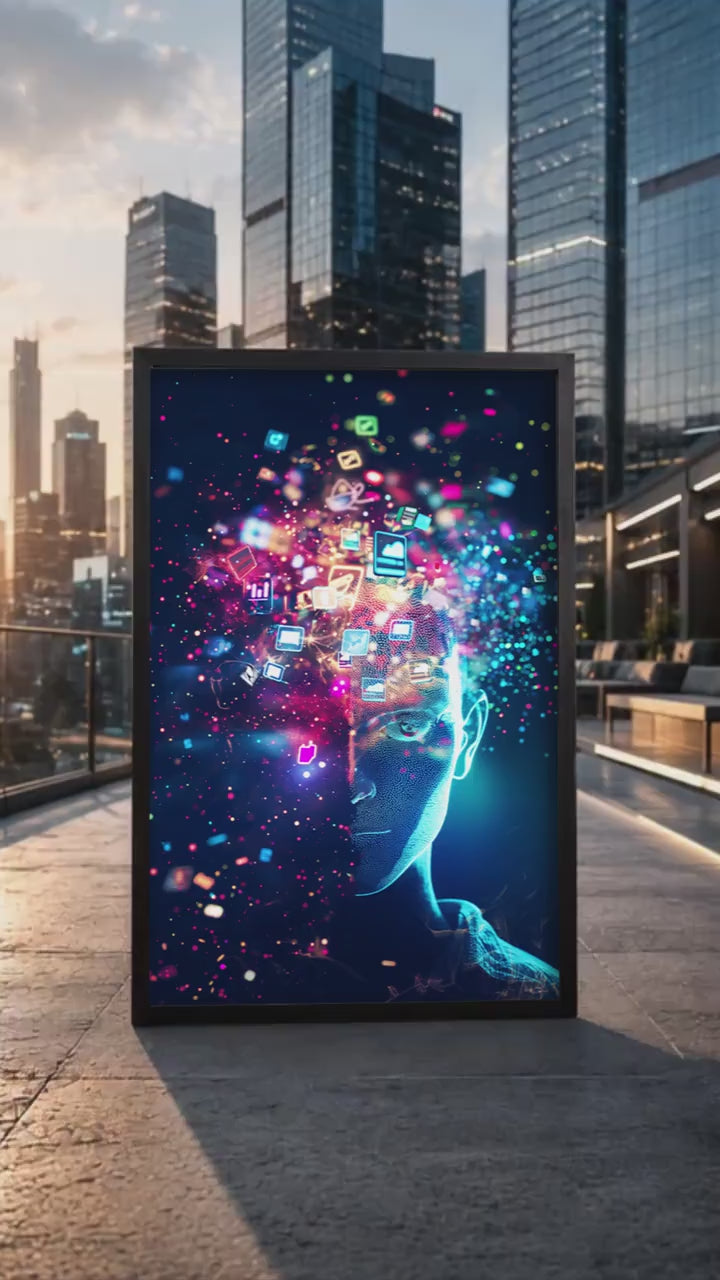 Digital Overload Wall Art, App Icons Brain Poster, Screen Addiction Print, Neon Tech Minimalist Art, Focus Productivity Office Decor