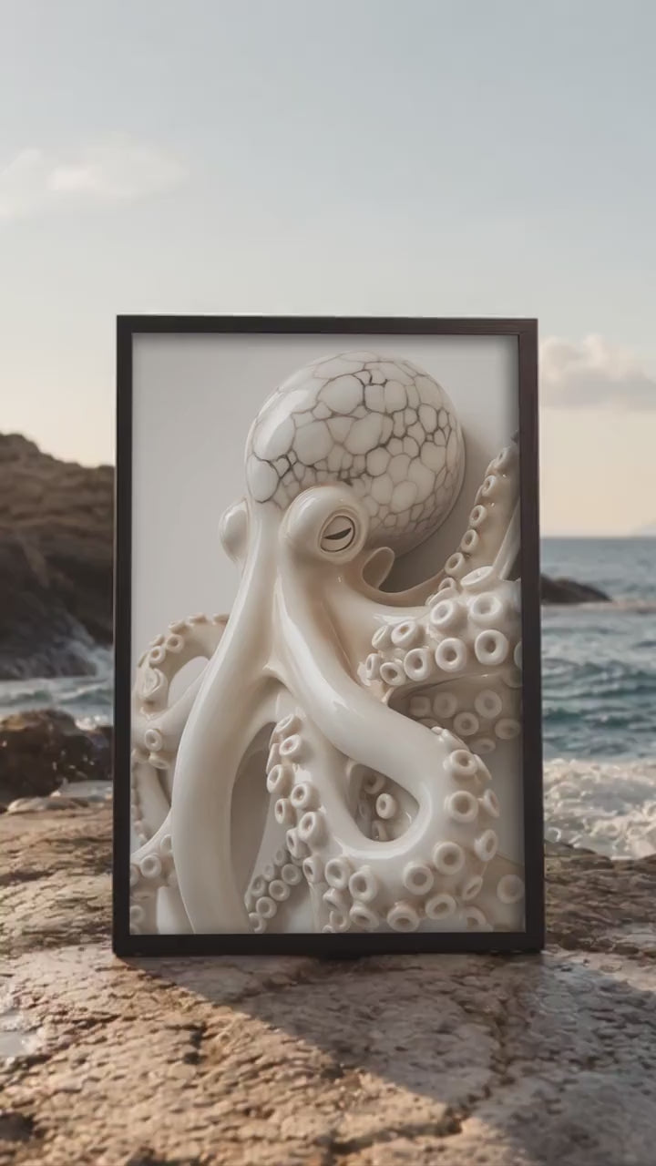 Neutral Octopus Sculpture Wall Art, Minimalist Coastal Decor Print, Beige Ocean Animal Poster, Modern Luxury Living Room Artwork